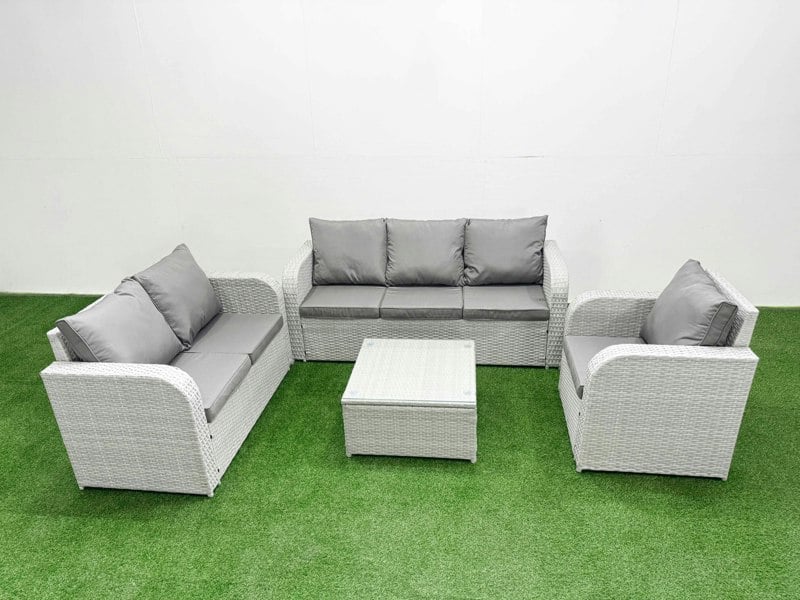 Fimous Patio PE Wicker 6 Seater Outdoor Rattan Furniture Sofa Sets with Square Coffee Table Reclining Chair Loveseat Sofa 3 Seater Sofa Light Grey