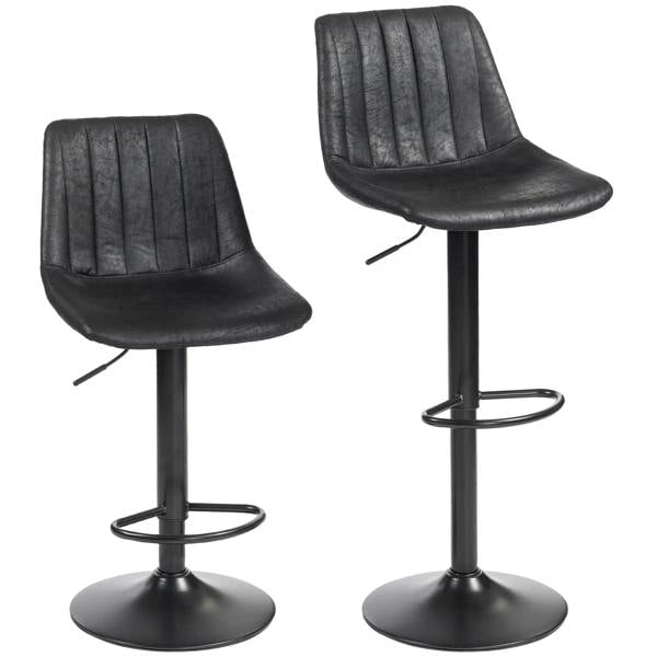 Set of 2 black upholstered bar stools with channel tufted backs and round footrests