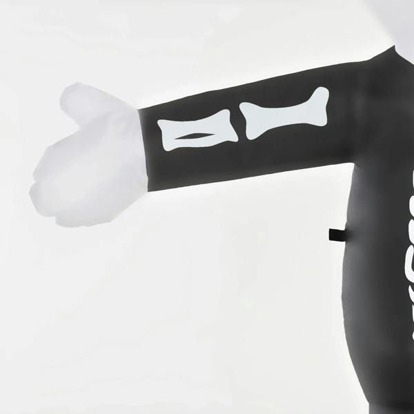 Inflatable skeleton decoration left arm and torso section, black fabric with white bone print.