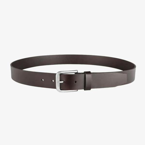 Full length view of Brown leather belt with a silver buckle on a white background
