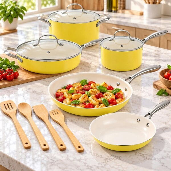 Gr8 Home 12 Pcs Ceramic Non Stick Induction Cookware Set Yellow Pots & Pans Lids Utensils