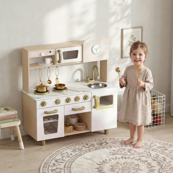 Play Kitchen, Kids Kitchen Playset with Rotating Coffee Machine, Storage Shelf, Stove, Gift for Kids 3-6 Years, White - White