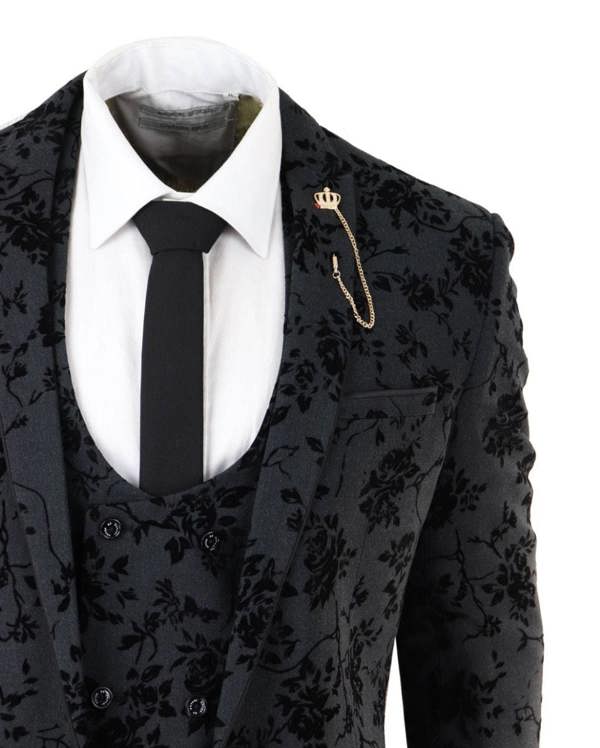 House of Cavani Mens 3 Piece Black Paisley Velvet Dinner Suit