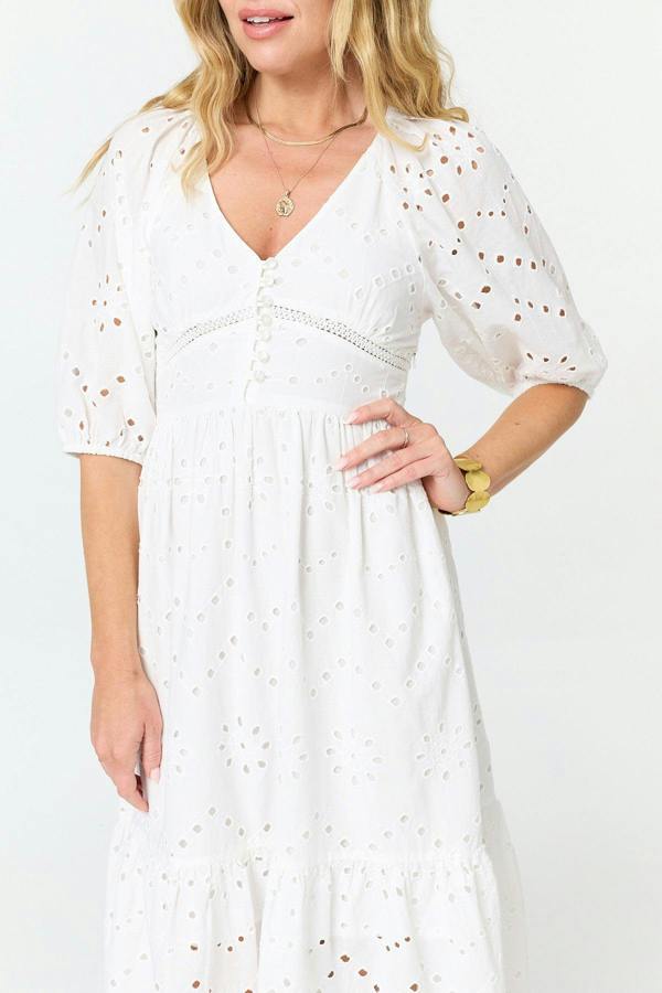 White | Broderie Anglaise 1/2 Sleeve Midi Dress