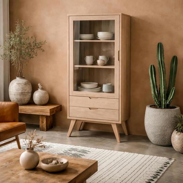 Wyld Haus Kotka White Oak Wood Display Cabinet 2 Drawers 2 Shelves