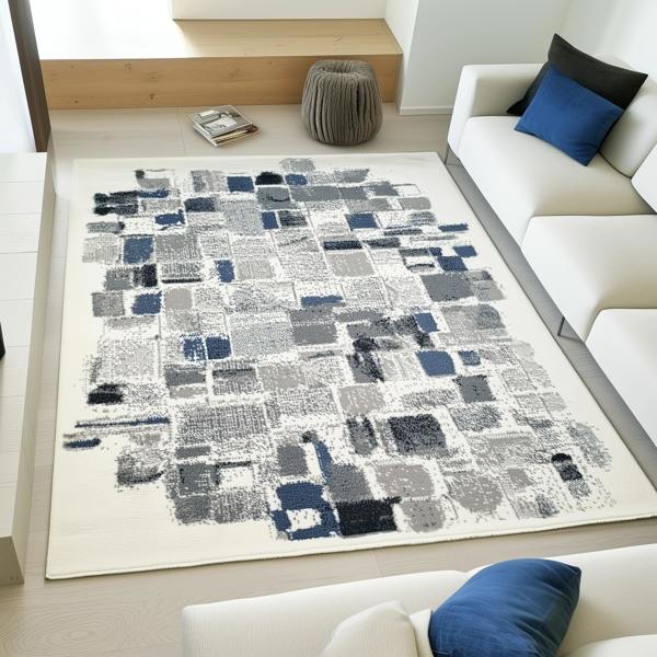 Abstract Modern Rug Cream Grey Blue Black Soft Low Pile Living Room Area Carpet