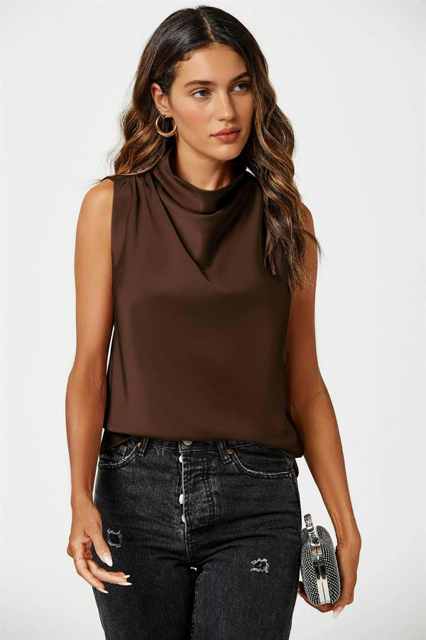 FS Collection Satin High Neck Sleeveless Blouse In Brown