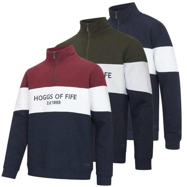 Hoggs of Fife Dumfries 1888 Mens Pull Over Quarter Zip Sweat Shirt, color options in navy, green, and maroon with white and black accents, featuring a high collar and zip closure.