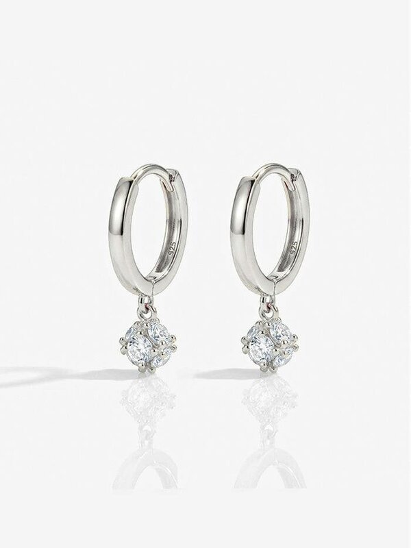 MUCHV Dainty Huggie Hoop Earrings With Round Stone - Silver