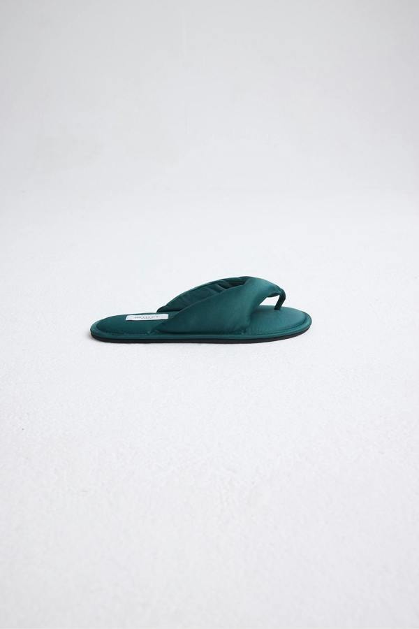 Pretty You London Satin Thong Sandal In Dark Sea Green