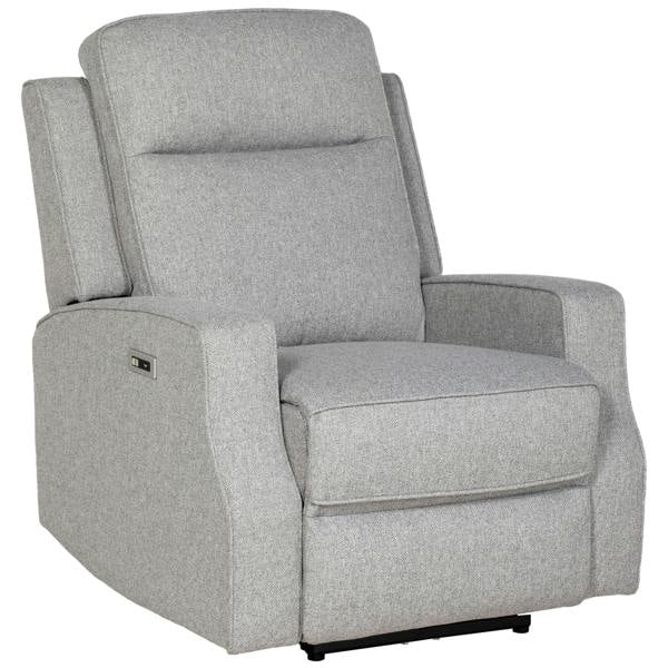 Grey electric reclining chair with padded arms and built-in USB port on side panel