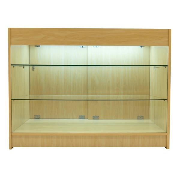 Maple Apollo LED shop counter set with glass shelves, featuring a sleek design and warm wood finish, ideal for retail displays