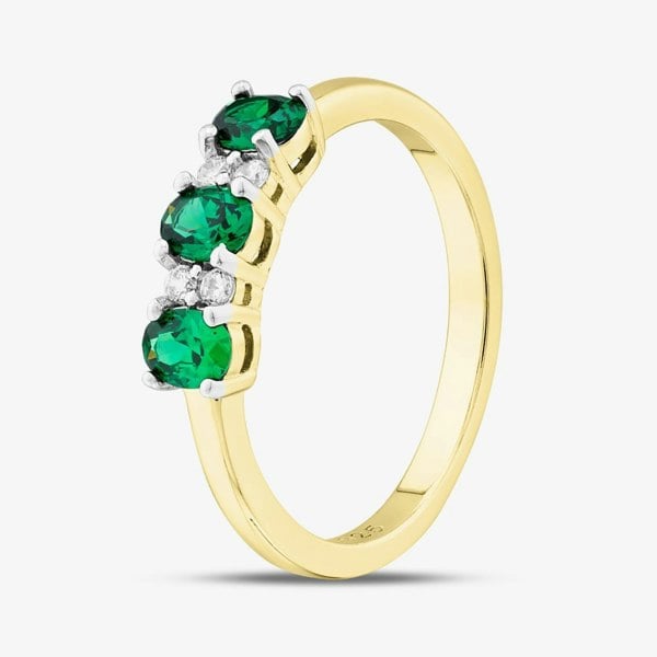 T. H. Baker Silver Gold Plated Oval & Brilliant Cut Green Cubic Zirconia Three Stone Ring S2225Y