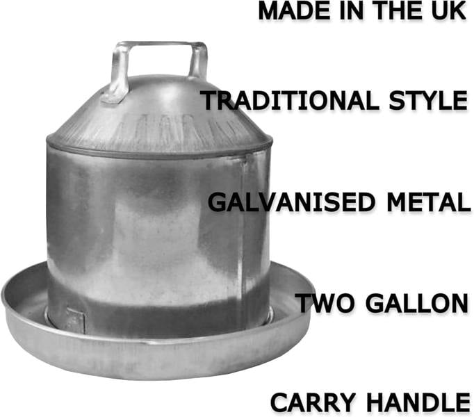 Ketoplastics Poultry Drinker Waterer Automatic Drinker 9L Capacity, Galvanised Steel with Handle for Hens, Ducks, Geese - 2 Gallon