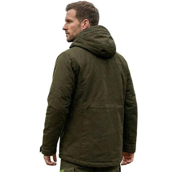 Side back view of Game Mens Kendal Waterproof Jacket with hood up in olive green