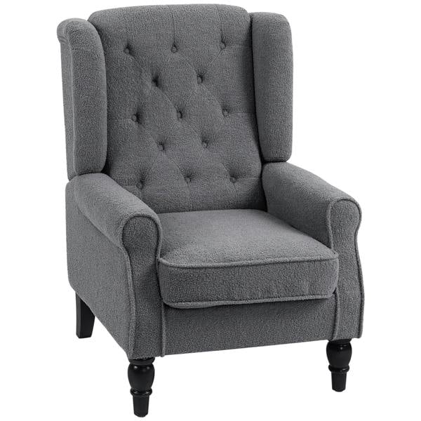 Charcoal grey teddy fleece wingback armchair with tufted back, rolled arms, dark legs