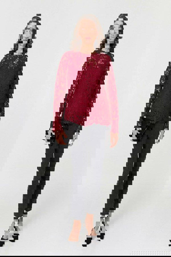 Red | Lace Texture Layered Long Sleeve Blouse
