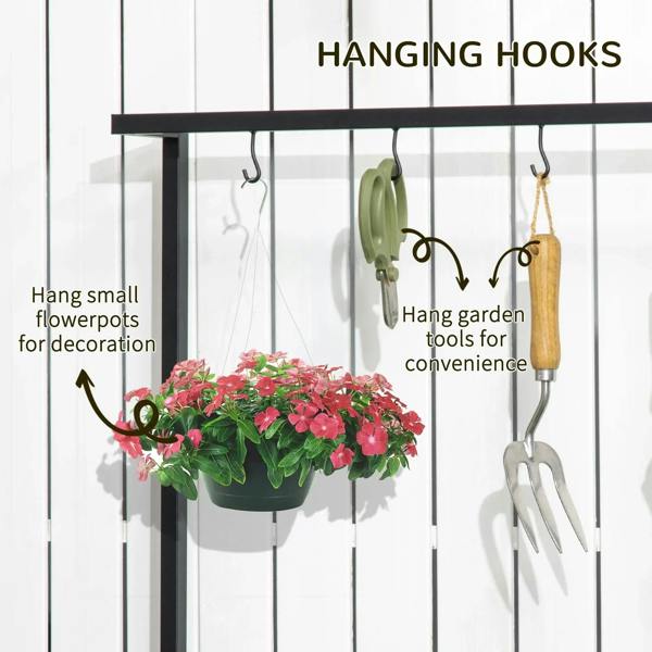 Hanging hooks on flower stand, black top bar with 4 hooks for gardening tools