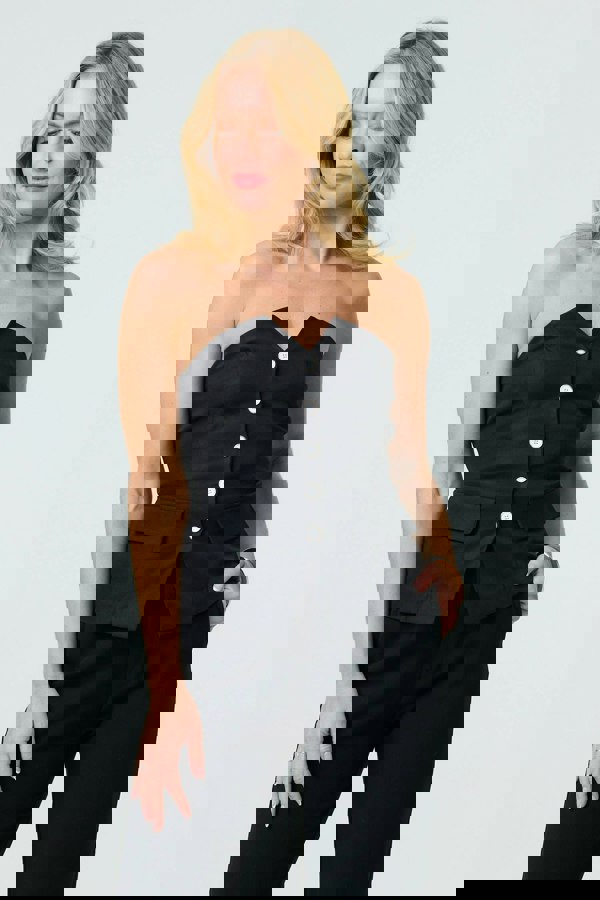 Black | Button Front Strapless Waistcoat Vest Top
