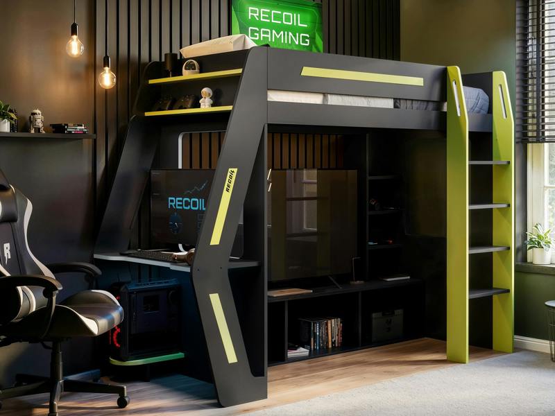 Recoil Alister Gaming High Sleeper with Desk & TV Stand Charcoal & Green