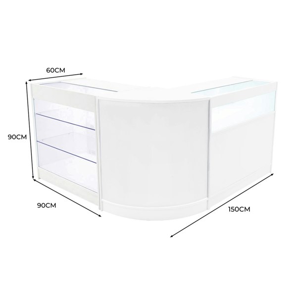 Curved white LED shop counter set featuring glass shelves, sleek design, and dimensions of 150cm x 90cm x 60cm for retail displays