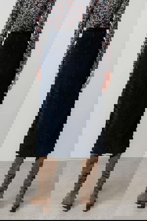 Lily & Me Penrose Stretch Jumbo Cord Midi Skirt Navy