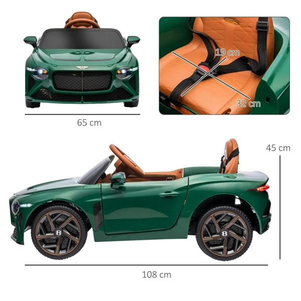 Green kids electric car size diagram with seat and open door