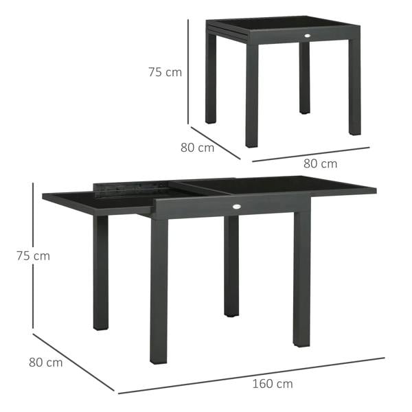 Extending outdoor dining table, dark tempered glass top and aluminium frame, 80x160 cm