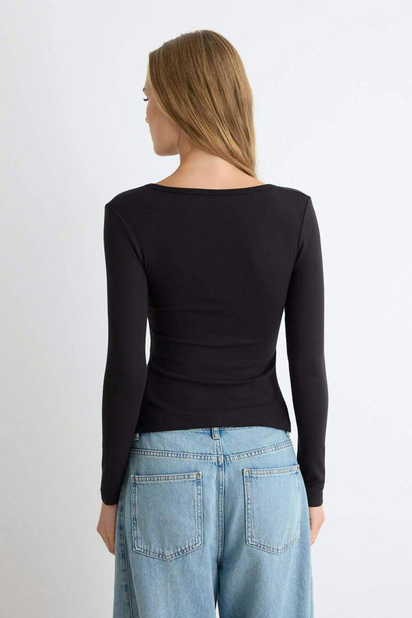 WOVCOR Fitted V Neck Button Front Long Sleeve Blouse