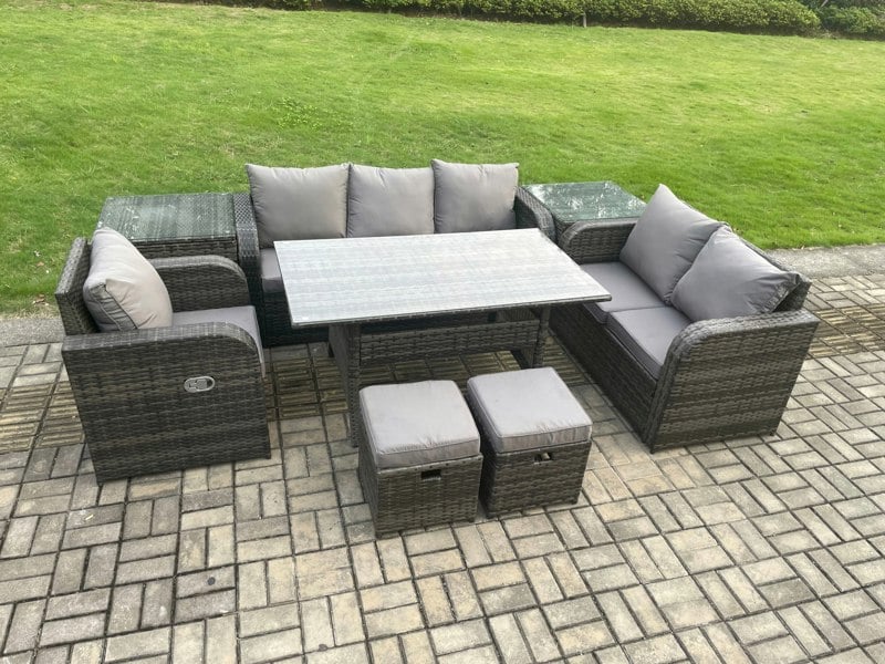 Fimous 8 Seater Garden Rattan Furniture Dining Table Sofa Set Indoor Outdoor with Reclining Chairs 2 Side Tables 2 Small Footstools Dark Grey Mixed