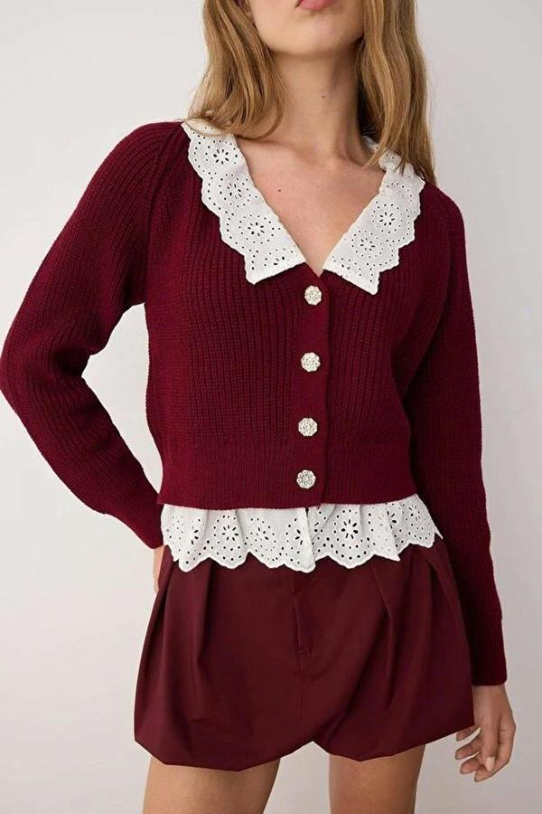 WOVCOR Crop V-Neck Knit Cardigan with Shirt Garnish Detail