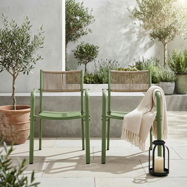 Core Products Pair Of Rope Effect Backed Bistro Metal Arm Chair Moss Green