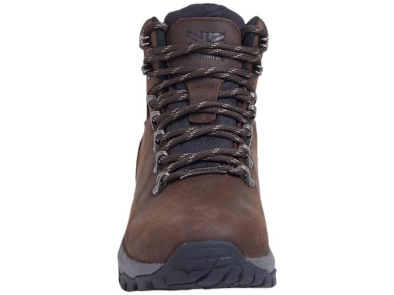 Karrimor Mendip 4 Womens Waterproof Hiking Trekking Ankle Boots, front view of the brown leather waterproof hiking boots with black padded collar and brown and black laces.