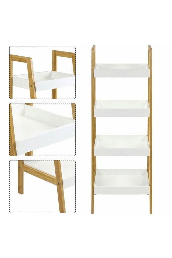 Living and Home 4 Tiers Ladder Shelf Storage Organizer Wooden Freestanding Bookshelf Bathroom Storage Rack