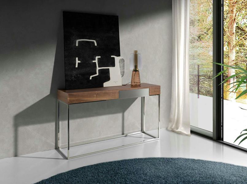 Angel Cerdá Rectangular Walnut and Chromed Steel Console Table 3111