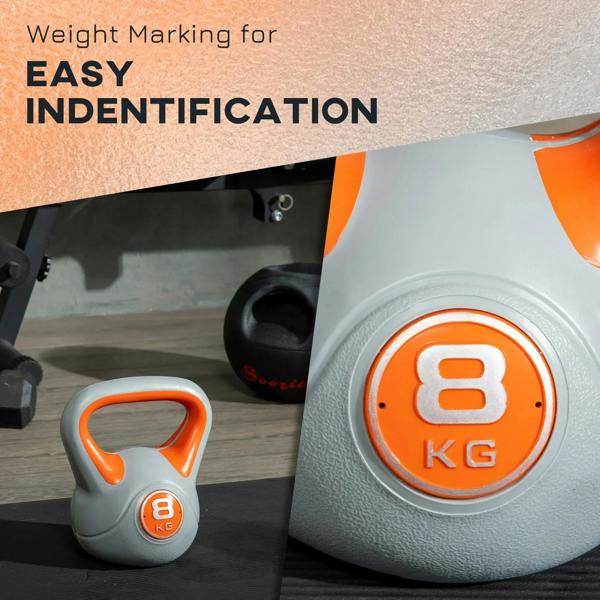 Grey 8 kg kettlebell close-up with orange weight marking and ring handle