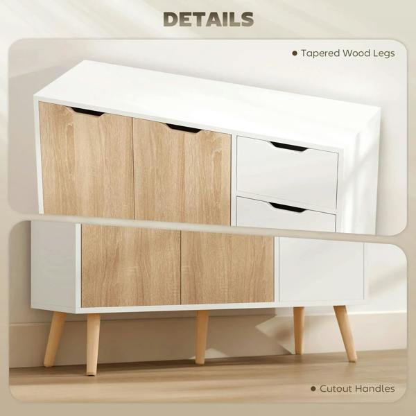 Natural wood sideboard with cutout handles, drawer fronts, and tapered wooden legs
