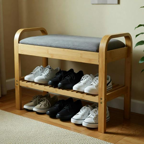 Gr8 Home Bamboo Shoe Rack Bench with Cushion Seat 2 Tier Hallway Storage Shelf