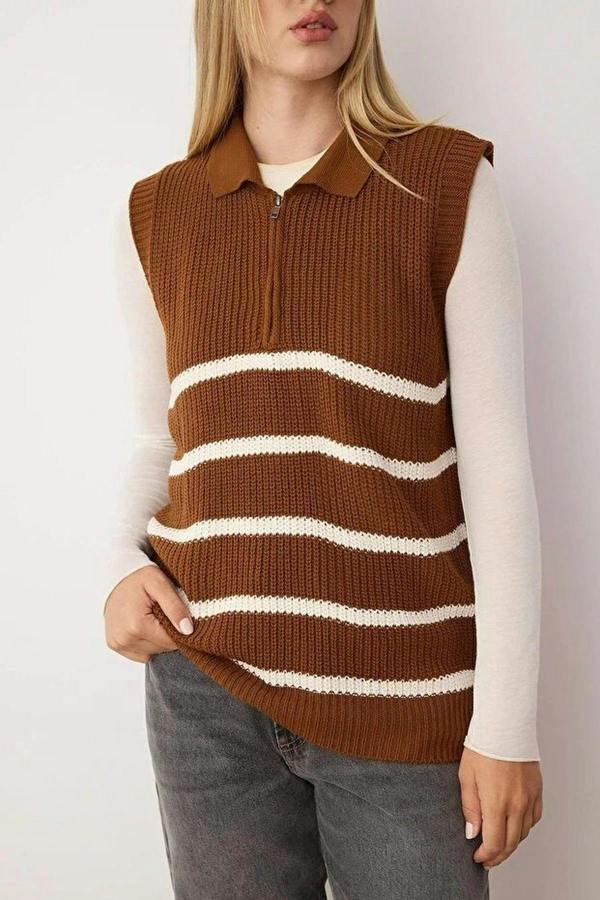 WOVCOR Zippered Striped Polo Neck Knit Sweater