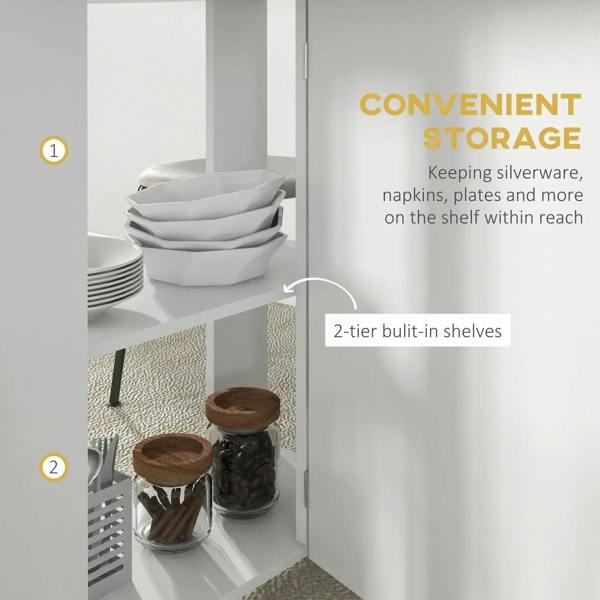 White dining table storage with two tiers of shelves for plates, napkins, and silverware