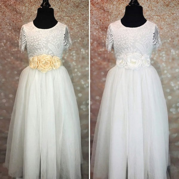 Yellow and white floral sashes on white dresses