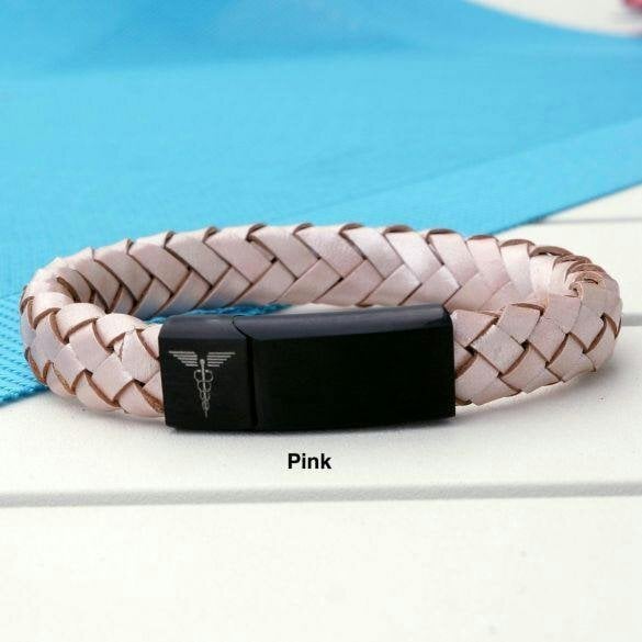 Christopher James of London Unisex Leather and Stainless Steel Medic Bracelet with Free Engraving - Pink