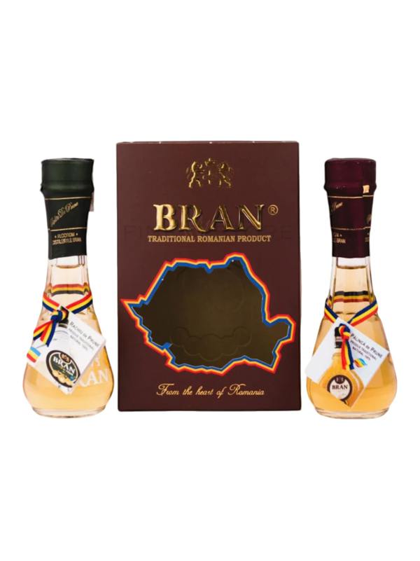 Bran (gift set / taste pack) plum brandy and plum schnapps in two traditional glasses (Set miniaturi palinca prune si rachiu prune in toi) 2x45ml