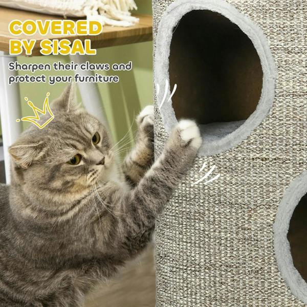 Light grey sisal-covered cat climbing frame with large round entrance hole and cat scratching