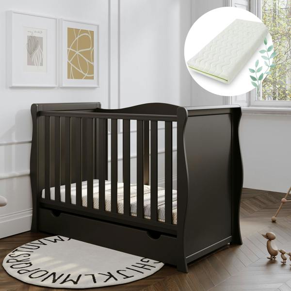 Viculii Willow Sleigh Mini Cot Bed Black with Drawer and Bamboo Mattress