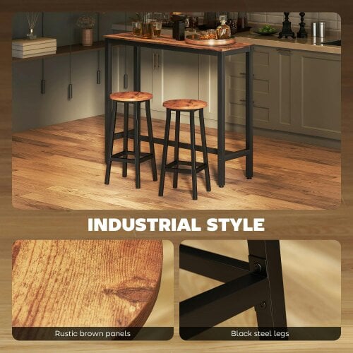 Wyld Haus Rema Set Of 2 Rustic Brown Industrial Round Bar Stools With Footrest 65cm
