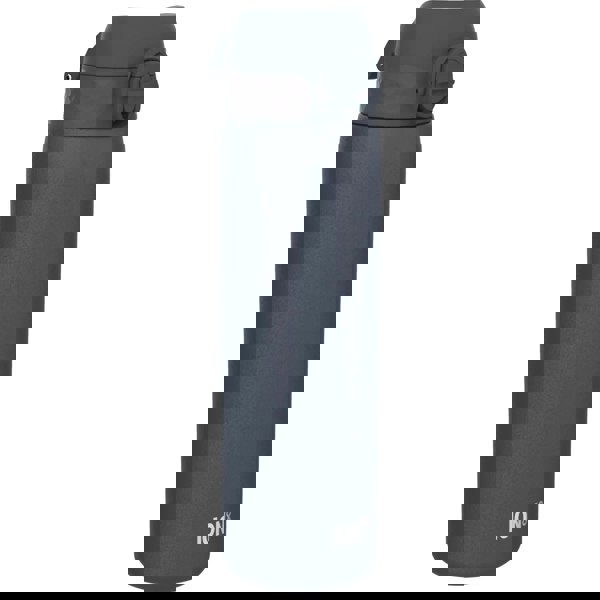 A dark gray water bottle stands upright with a flip-top lid and textured grip on a plain white background. Branding on the bottle reads ION8.