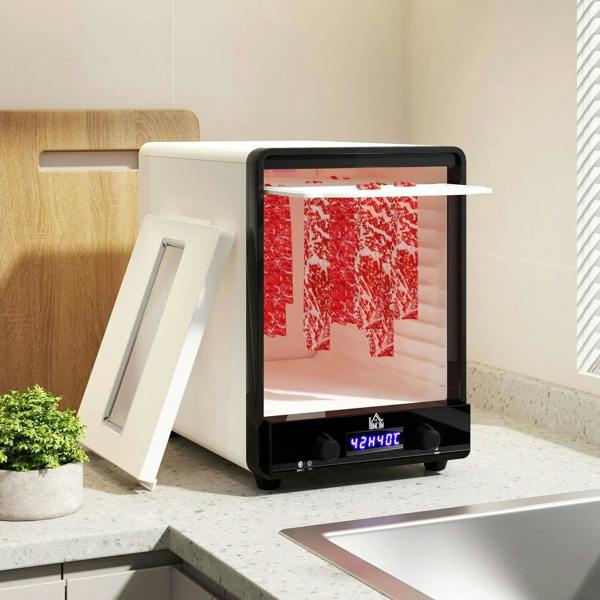 White 11-tray food dehydrator with door open, drying sheets inside