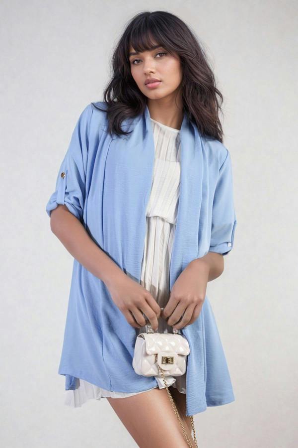 Vivian Open Front Roll Up Sleeve Cardigan - Sky Blue