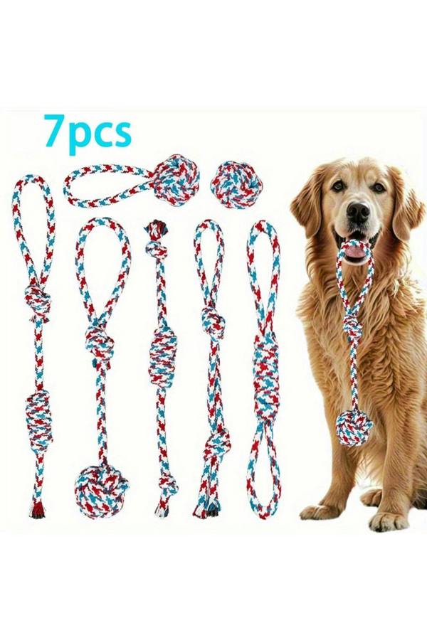 Dyzi 7pcs Interactive Dog Chew Rope Knot Toys Set Red Blue Training Play